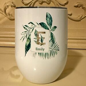 Monogrammed EMILY Wine Tumbler with Green Leaf Design🍃